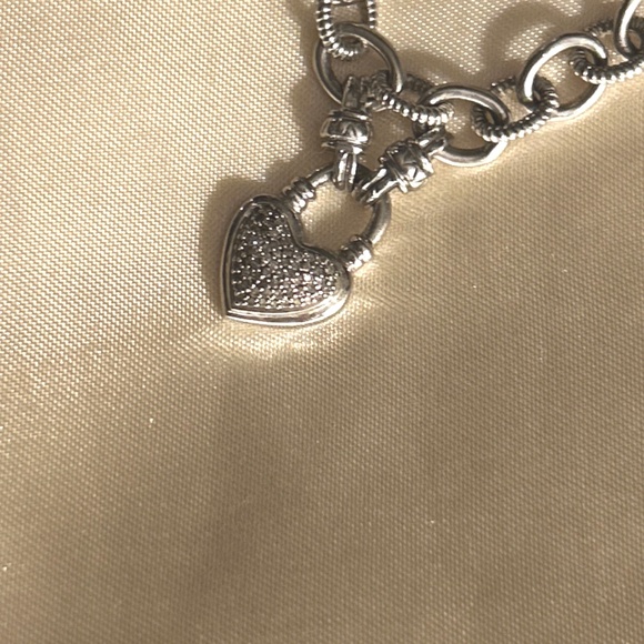 Sterling Silver 925 Diamond Heart Charm Rolo Link Toggle Bracelet Signed KRN - Picture 9 of 16